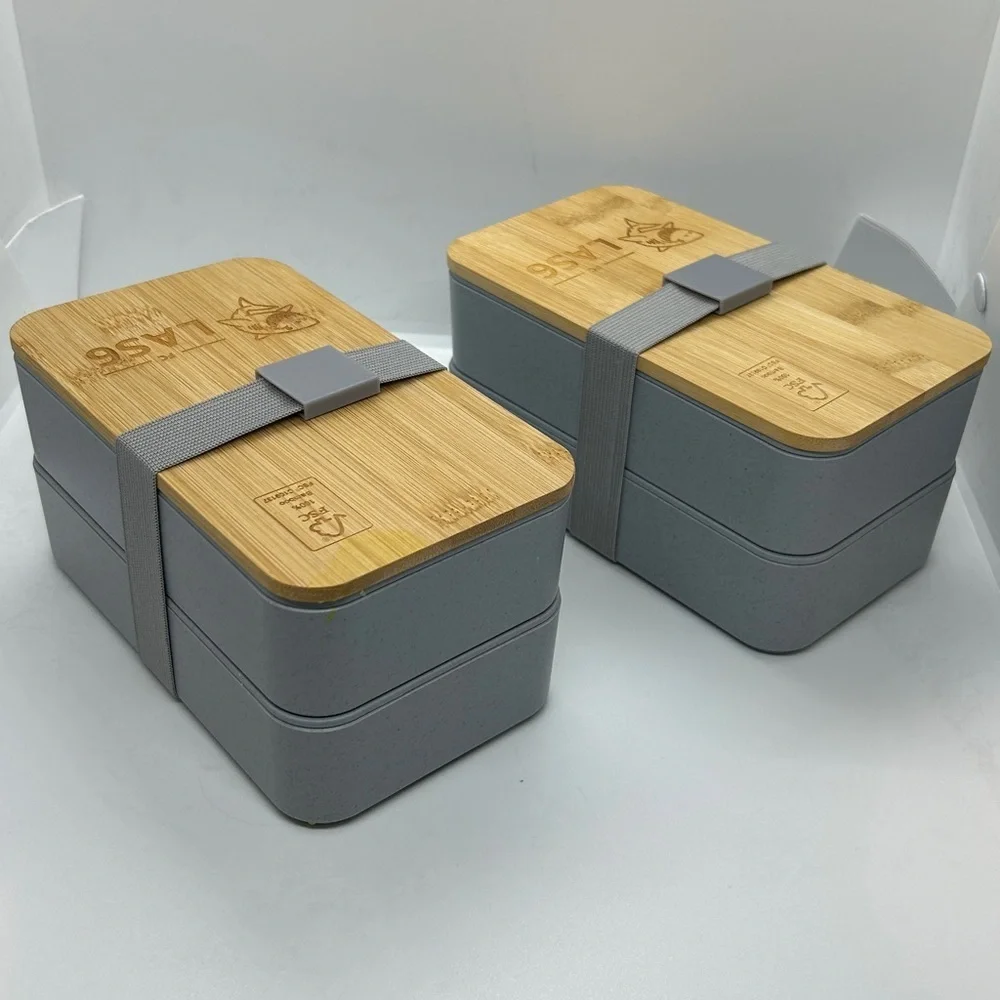 Bamboo and Gray Bento Japanese Wood Bento Lunch Boxes 2 Layer. Set of two
